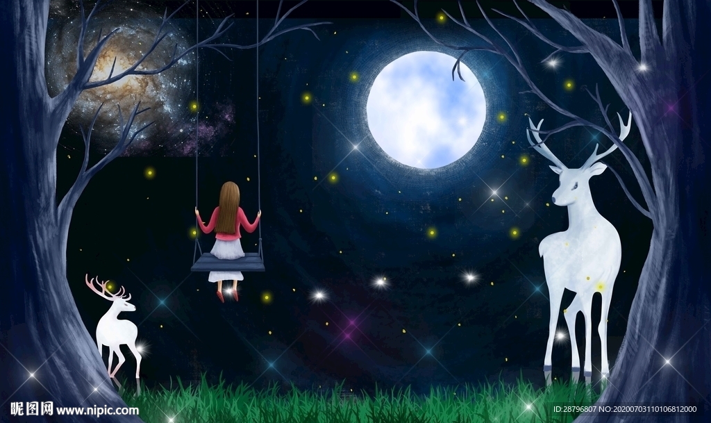 唯美手绘星空森林麋鹿图片