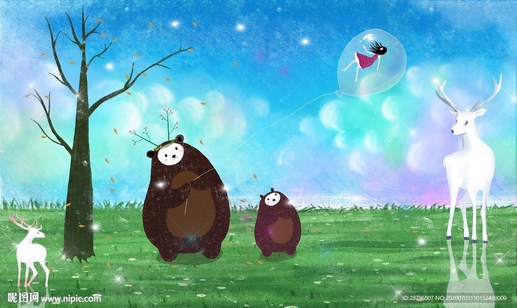 唯美手绘森林麋拿气球的小熊