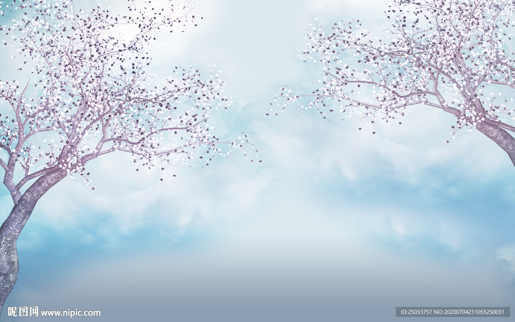 唯美浪漫蓝色树花装饰画玄关屏风