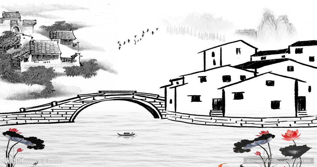 水墨画 江南水乡人家