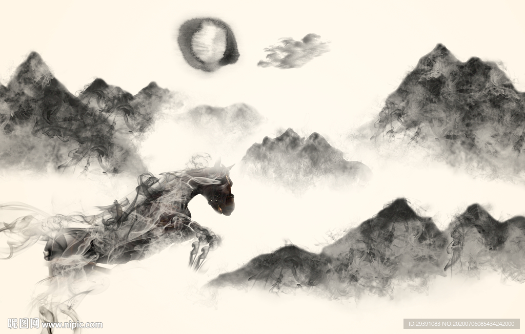 水墨山水马背景墙