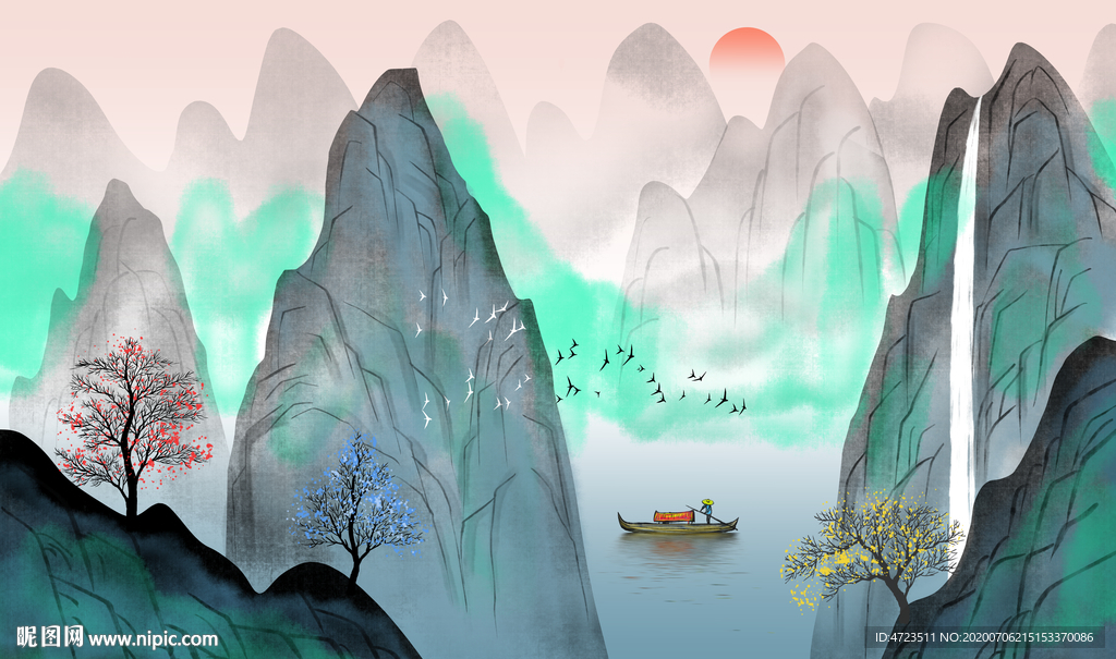 青绿山水瀑布电视背景墙