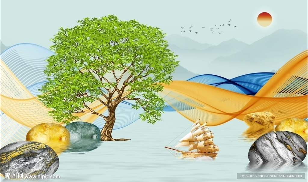 金色线条抽象树电视背景墙