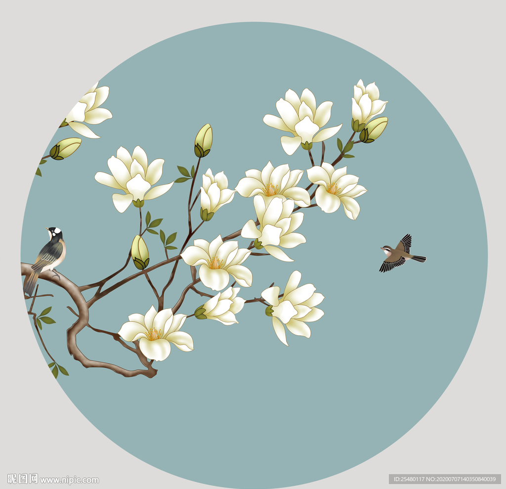 新中式圆形玉兰花鸟工笔画图片