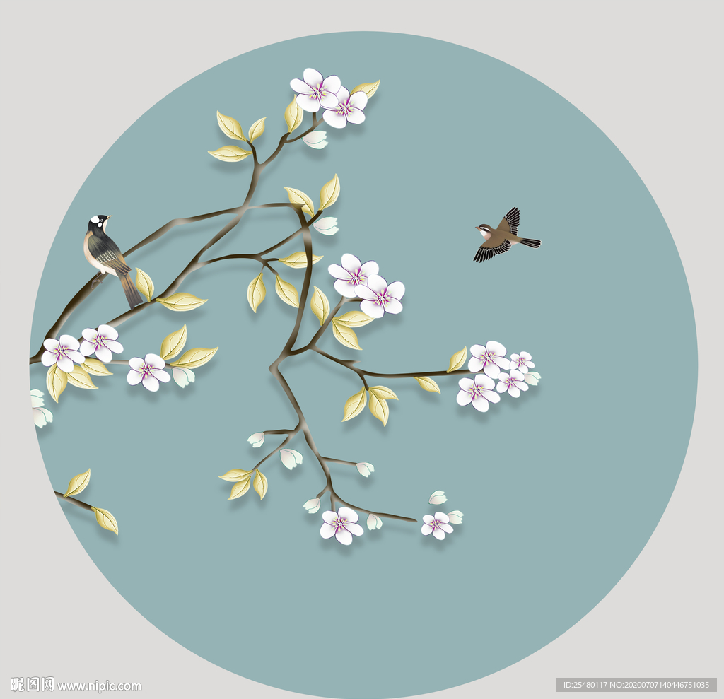 新中式圆形花鸟工笔画图片