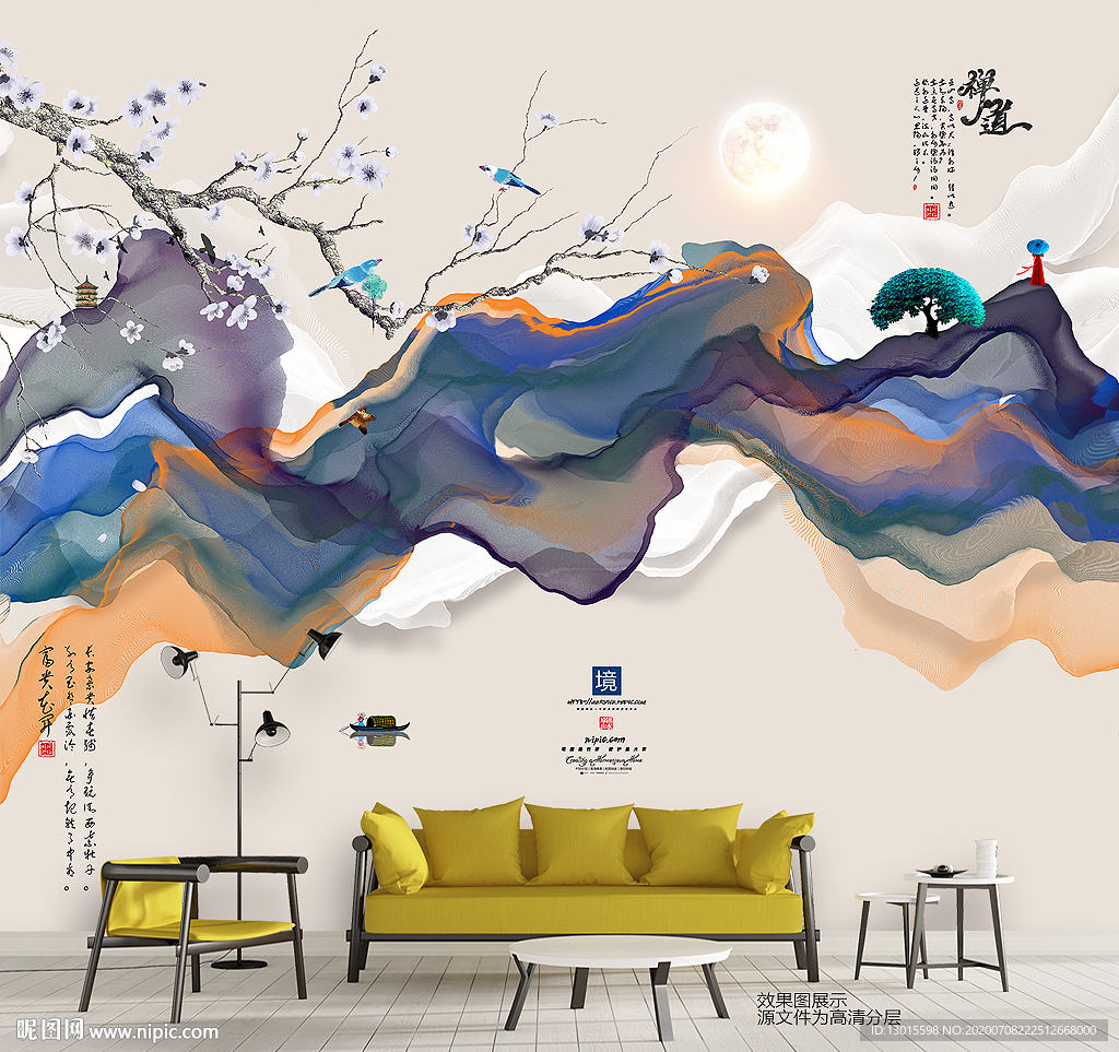 水墨山水画背景墙