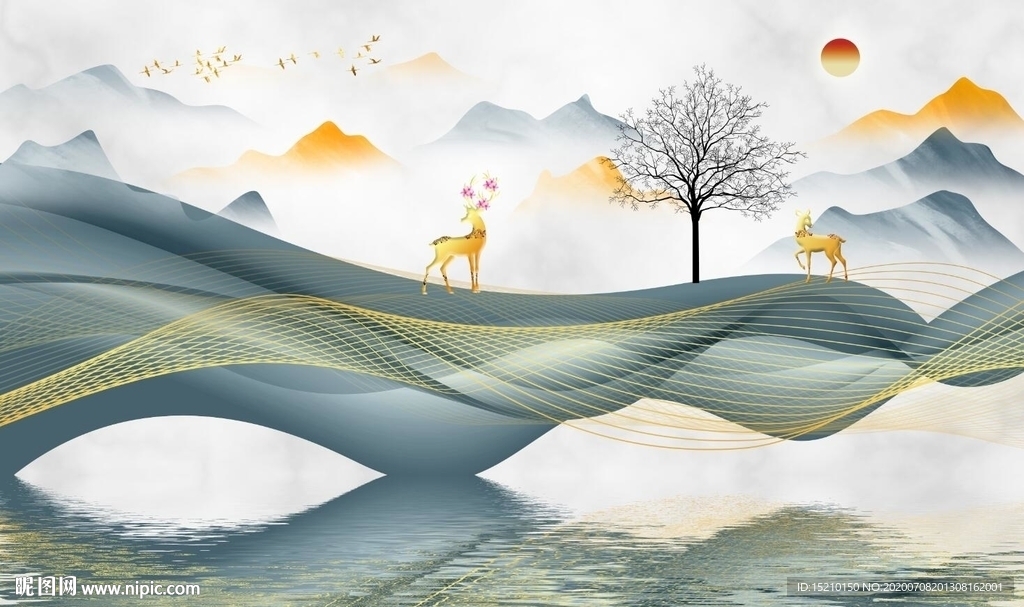 水墨山水抽象树电视背景墙