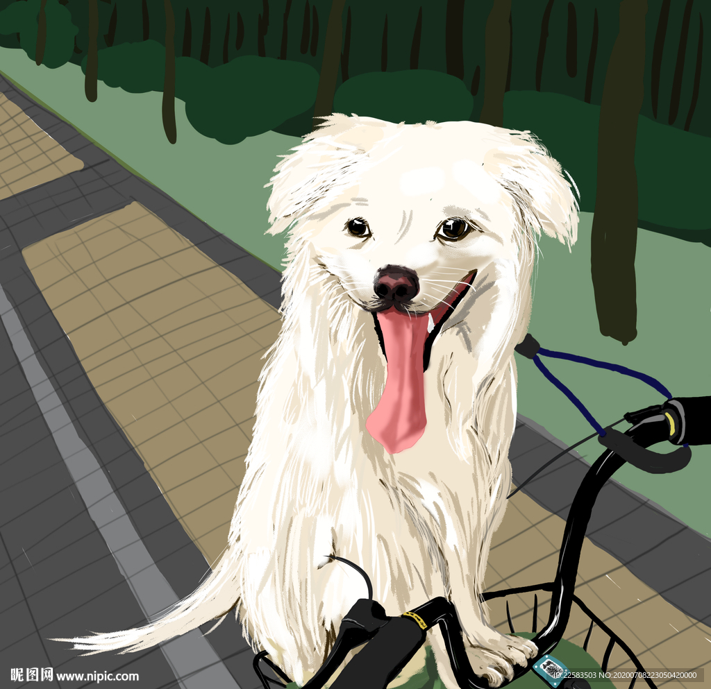 可爱狗狗在车筐里插画