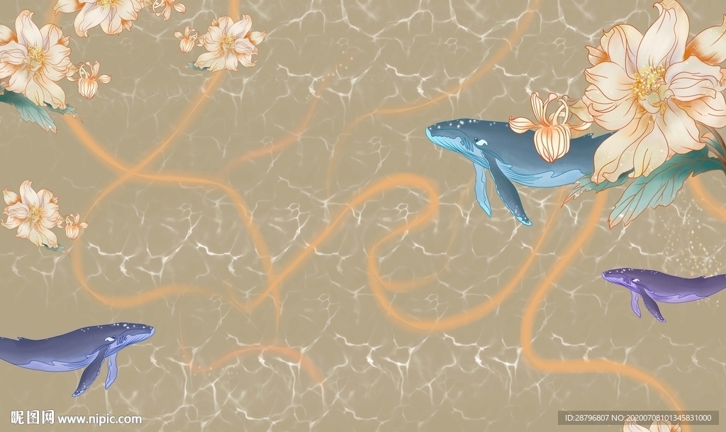 手绘工笔画花与鲸