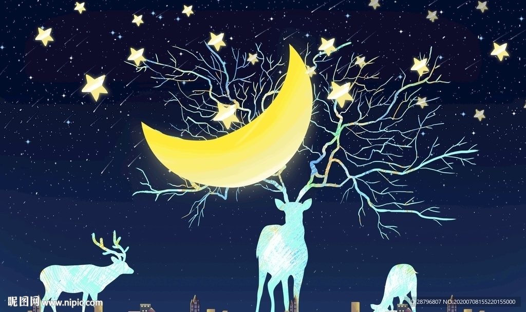 唯美手绘星空森林麋鹿图片