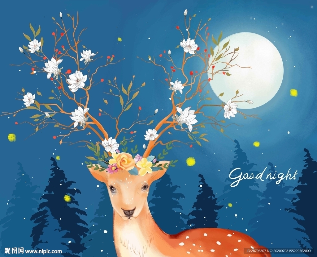 唯美手绘星空森林麋鹿图片
