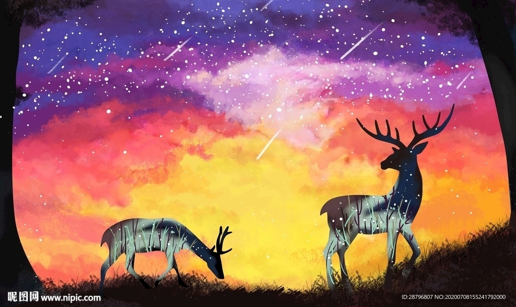 手绘欧式星空鹿