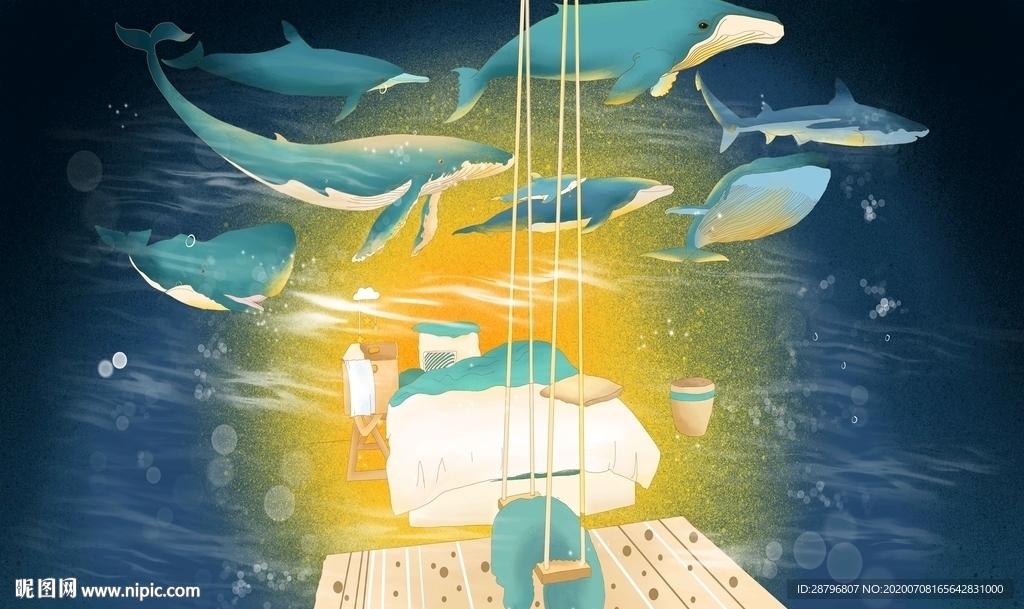 卡通鲸鱼群海底世界卧室