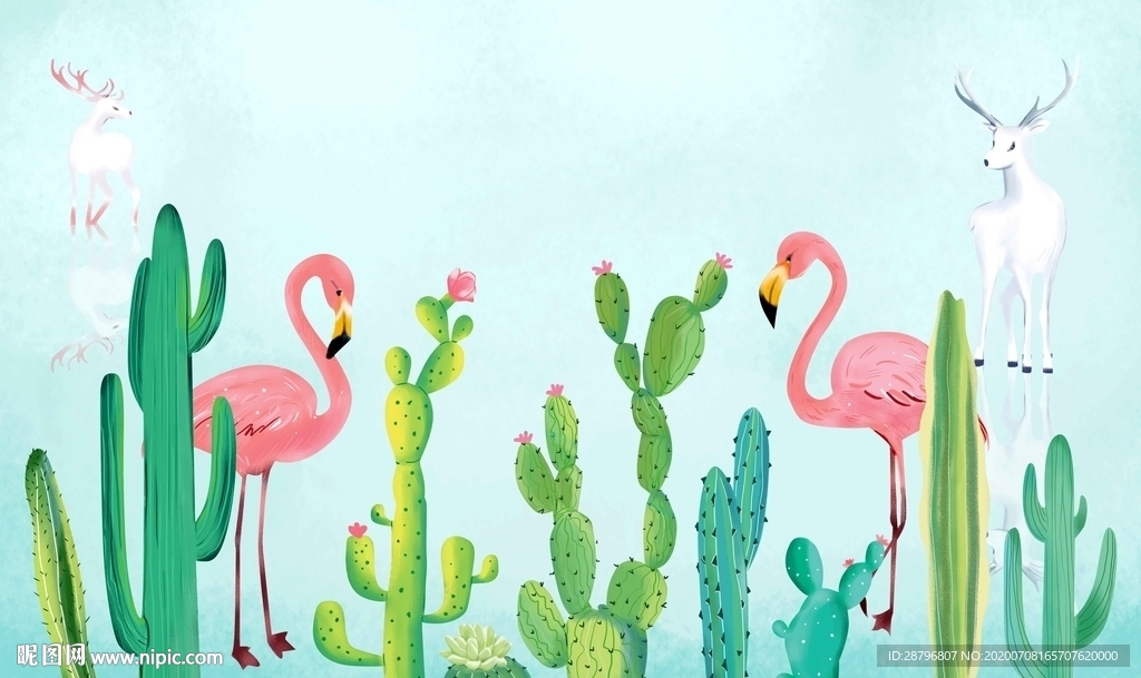 小清新火烈鸟仙人掌背景墙