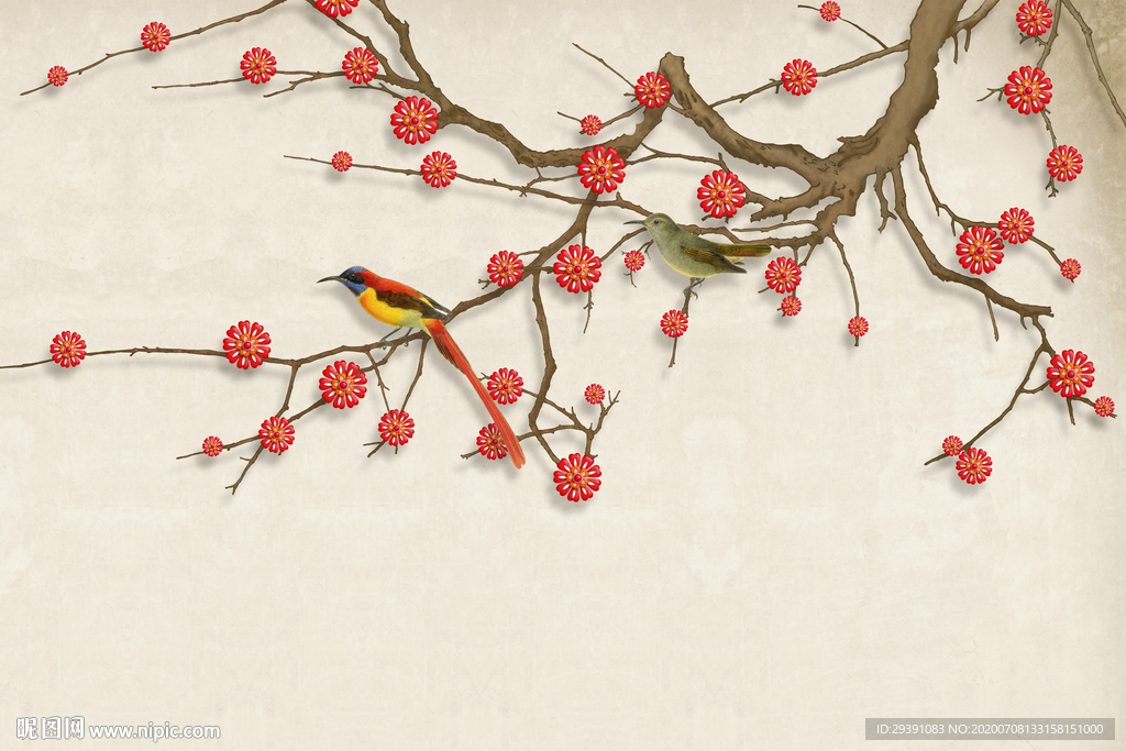 花鸟图电视背景墙