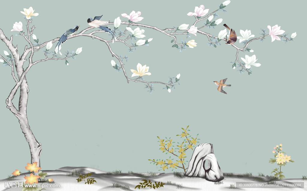 高档 大山水中式花鸟画