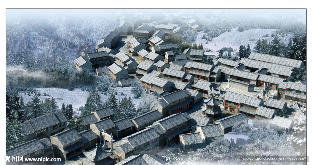 传统古建 鸟瞰 效果图 雪景