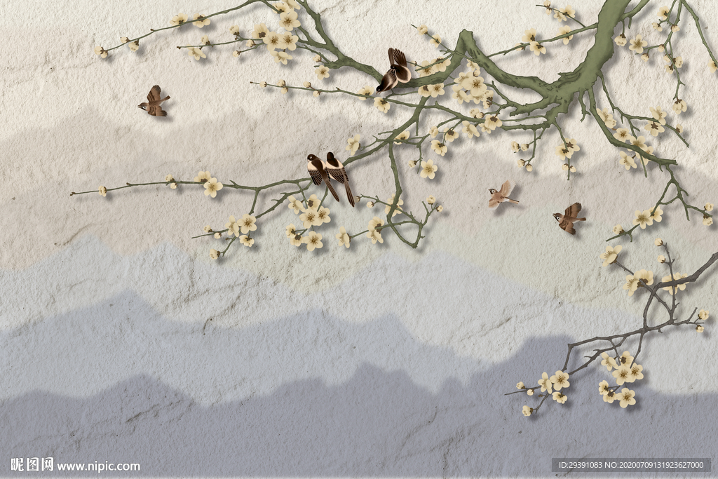 新中式手绘山水白梅沙发电视背景