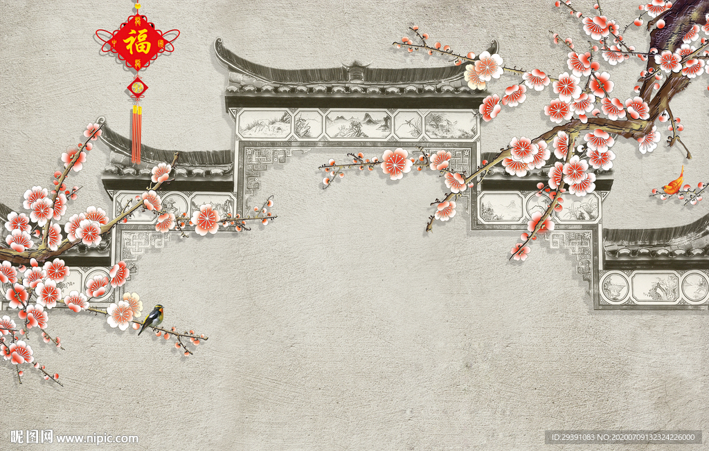 中国风喜鹊桃花背景图片