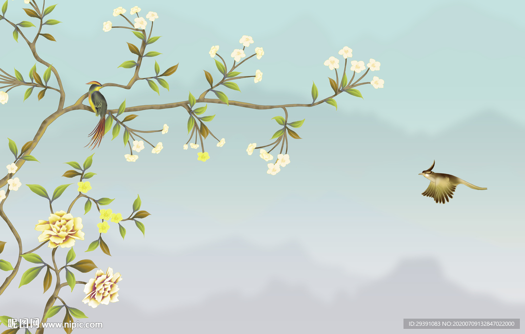 新中式花鸟山水背景