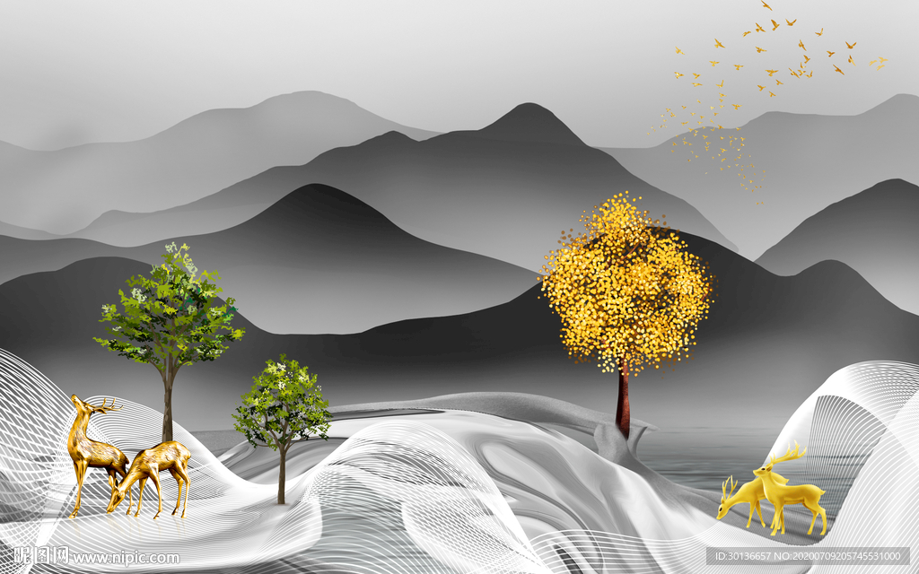 麋鹿山水画灰色画 TIF分层