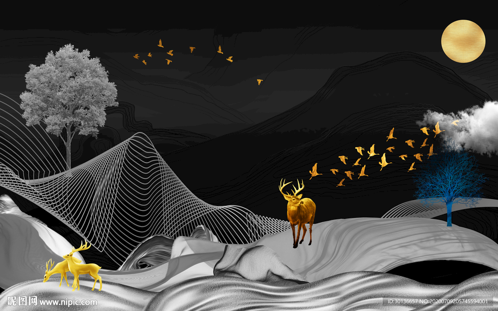 高清 麋鹿灰色山水 TIF分层