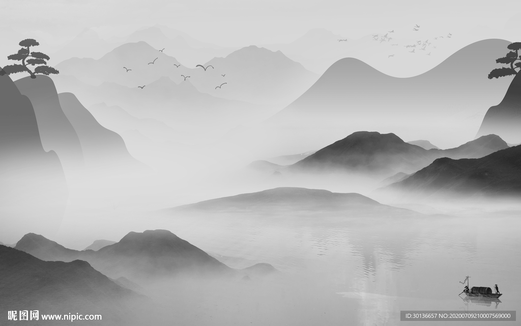 最新中式灰色山水 TIF分层