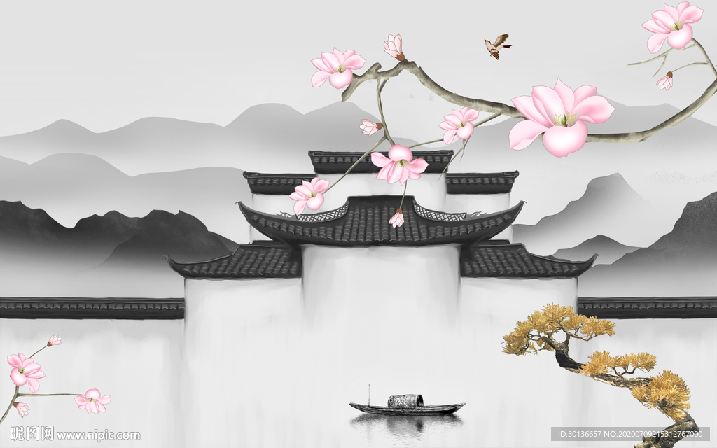 现代中式灰色山水 TIF分层