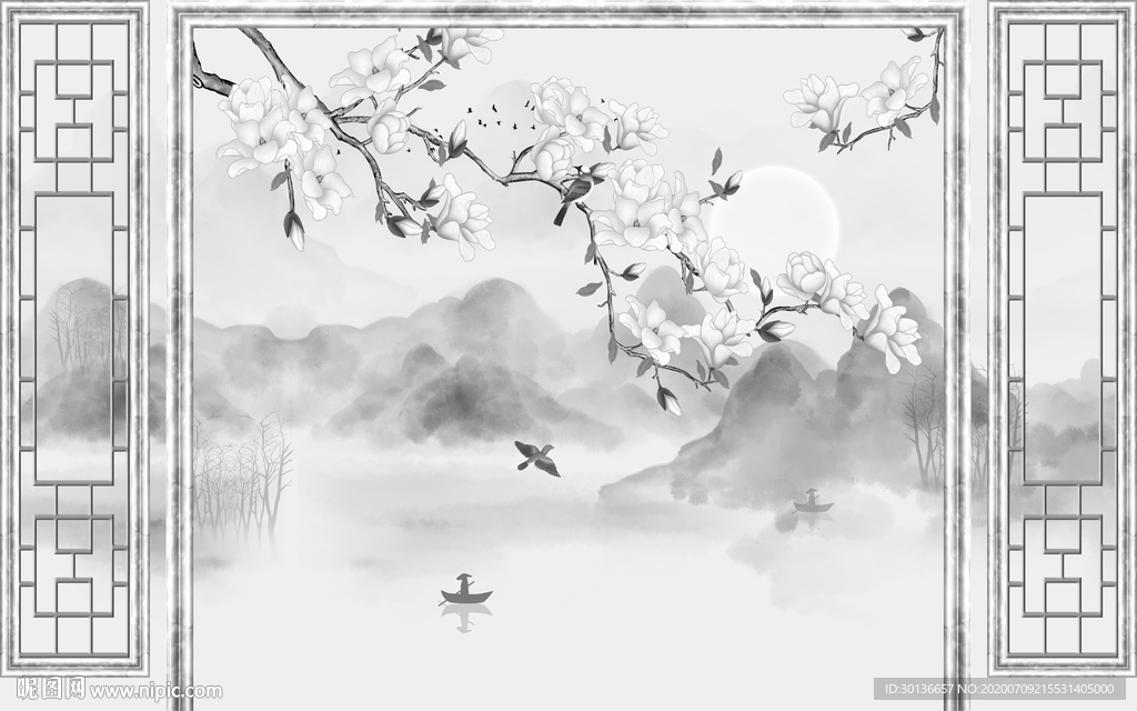 现代山水画灰色画 TIF分层