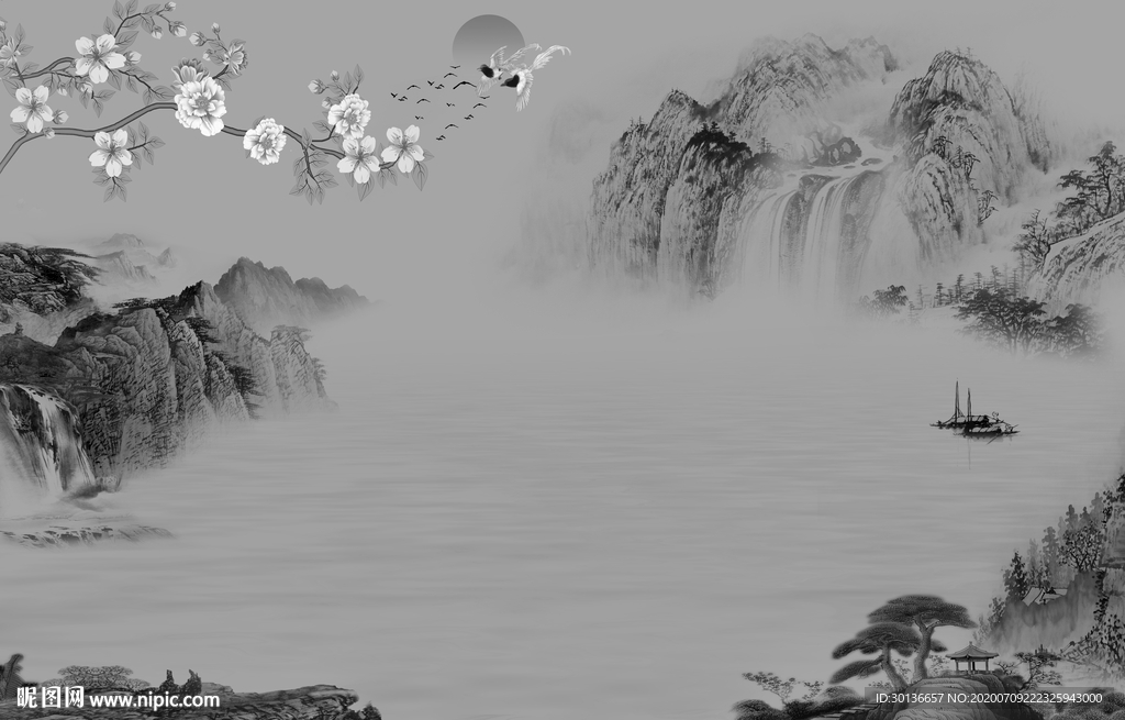 灰色中式简约山水 TIF分层