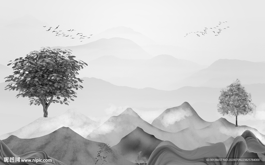 意境中式灰色山水 TIF分层