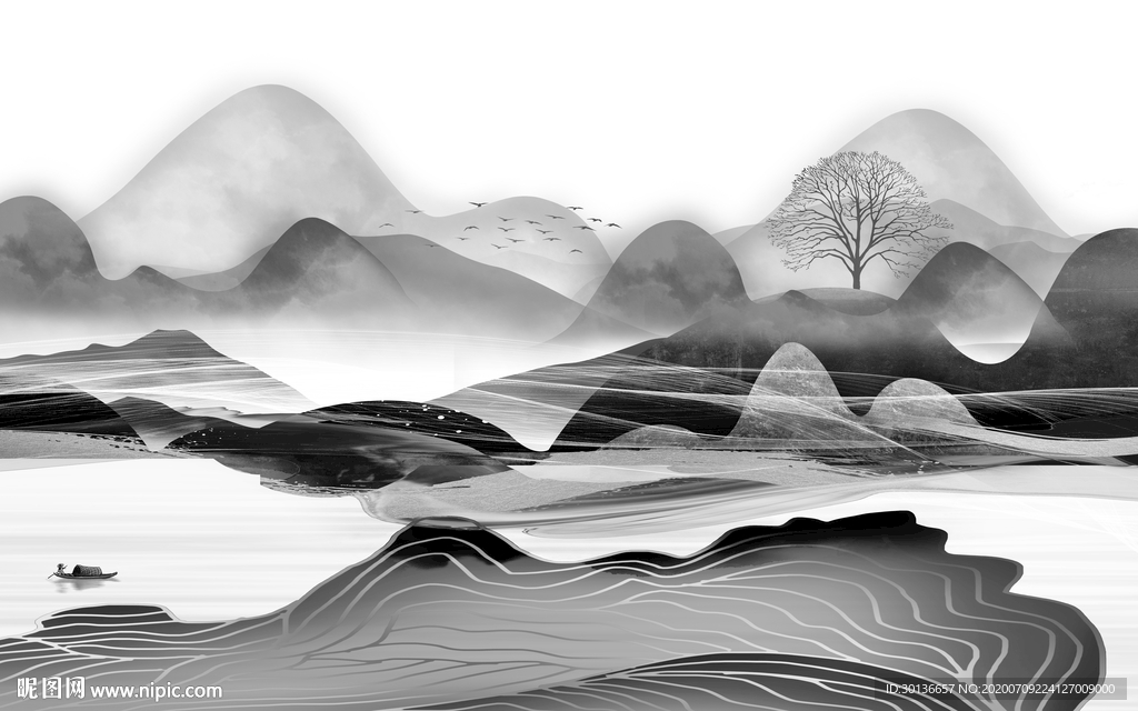 中式山水画灰色画 TIF分层