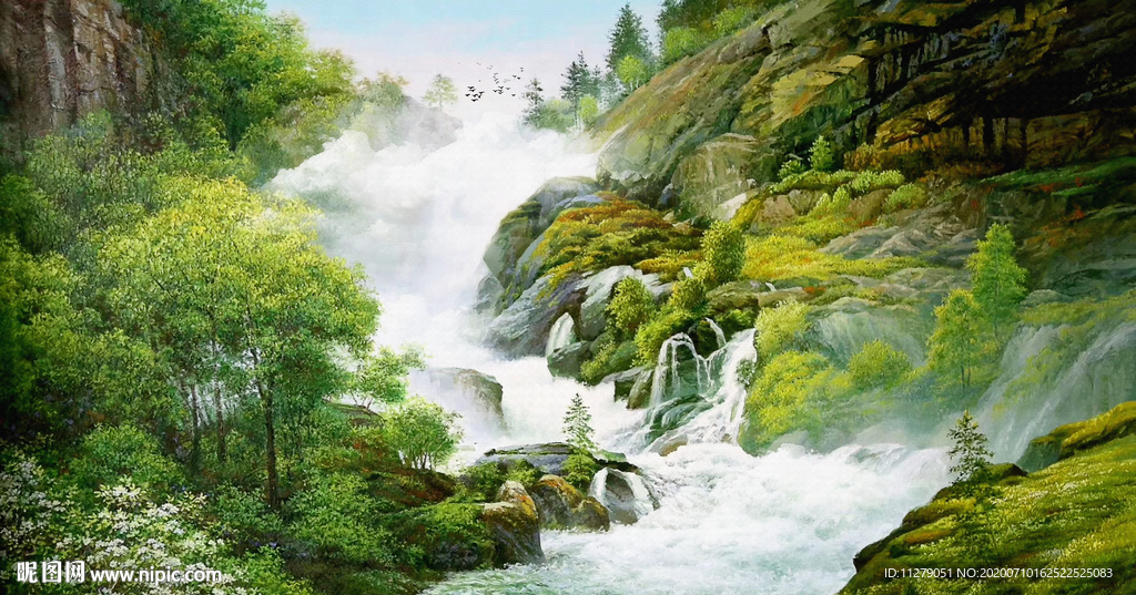 风景瀑布油画