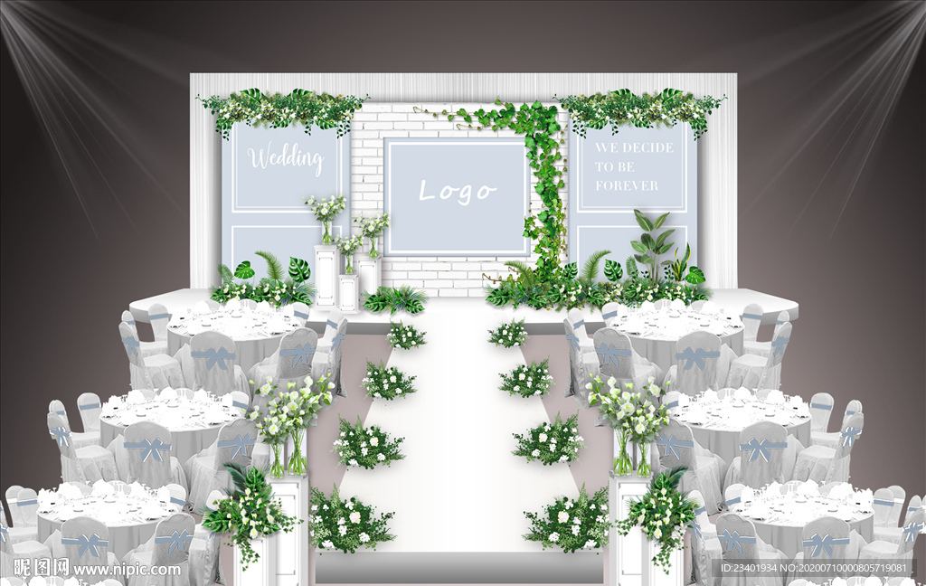 莫兰迪白绿森系雾霾蓝清新婚礼