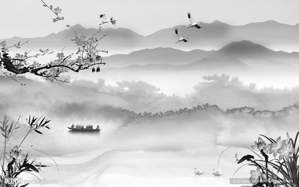 热卖中式灰色山水 TIF分层