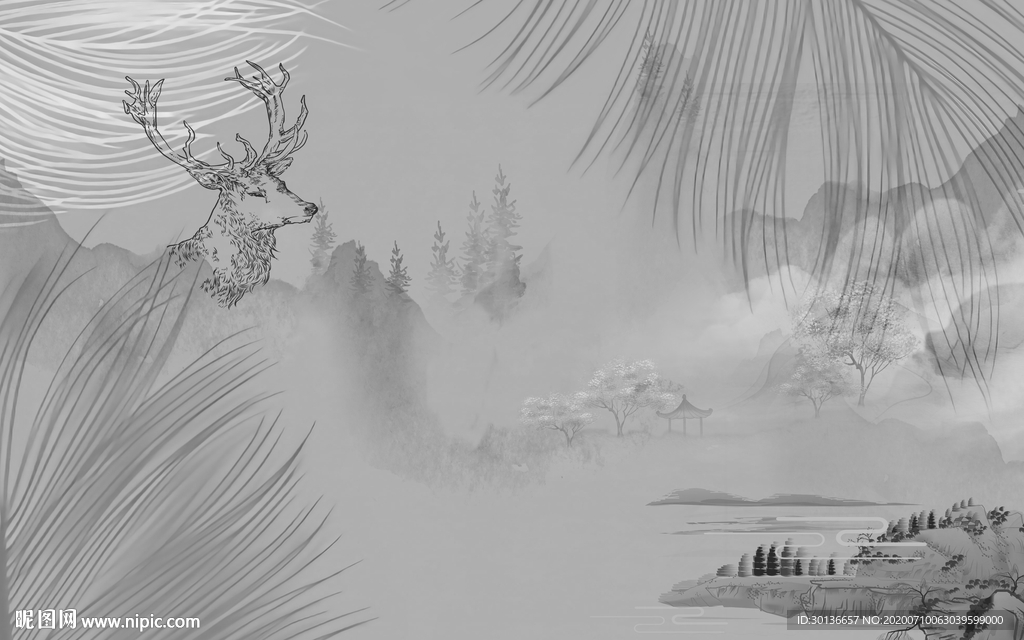 麋鹿大气灰色山水 TIF分层