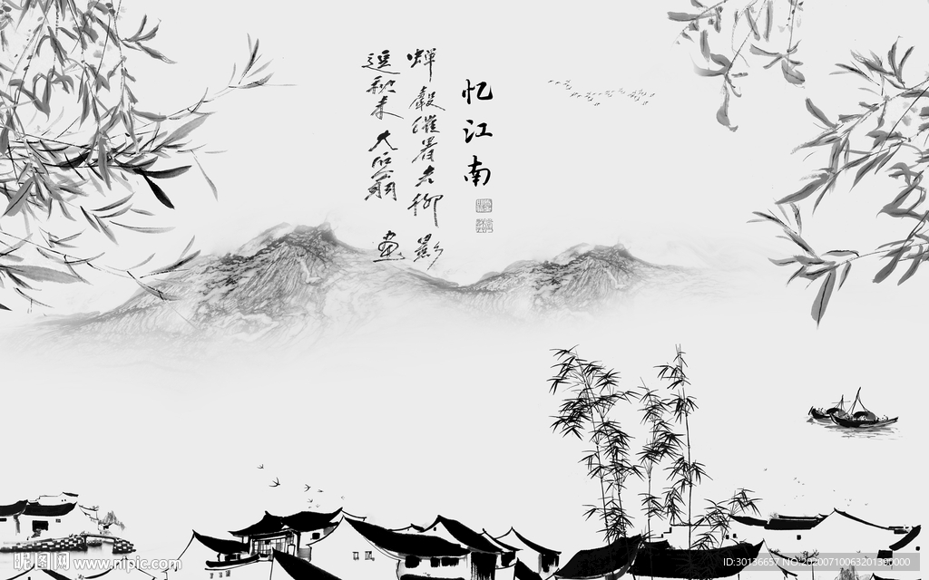 新品山水画灰色画 TIF分层