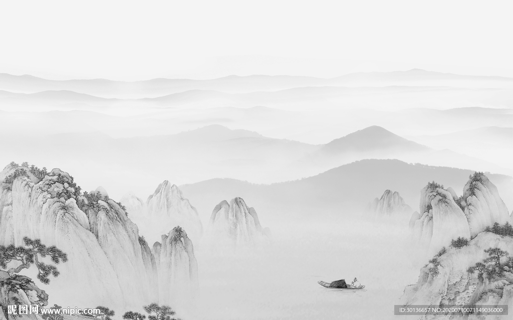 高清 中式灰色山水 TIF分层