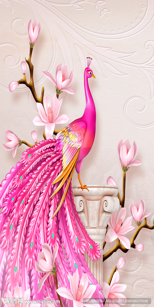 欧式浮雕孔雀玉兰花玄关不分层