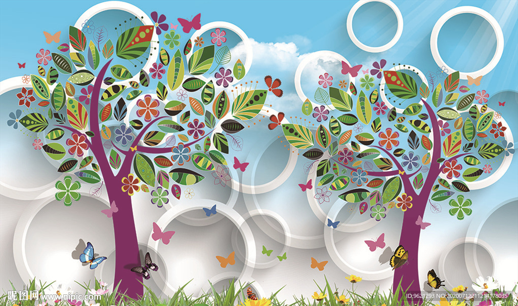 客厅3D仿软包手绘花纹电视背景