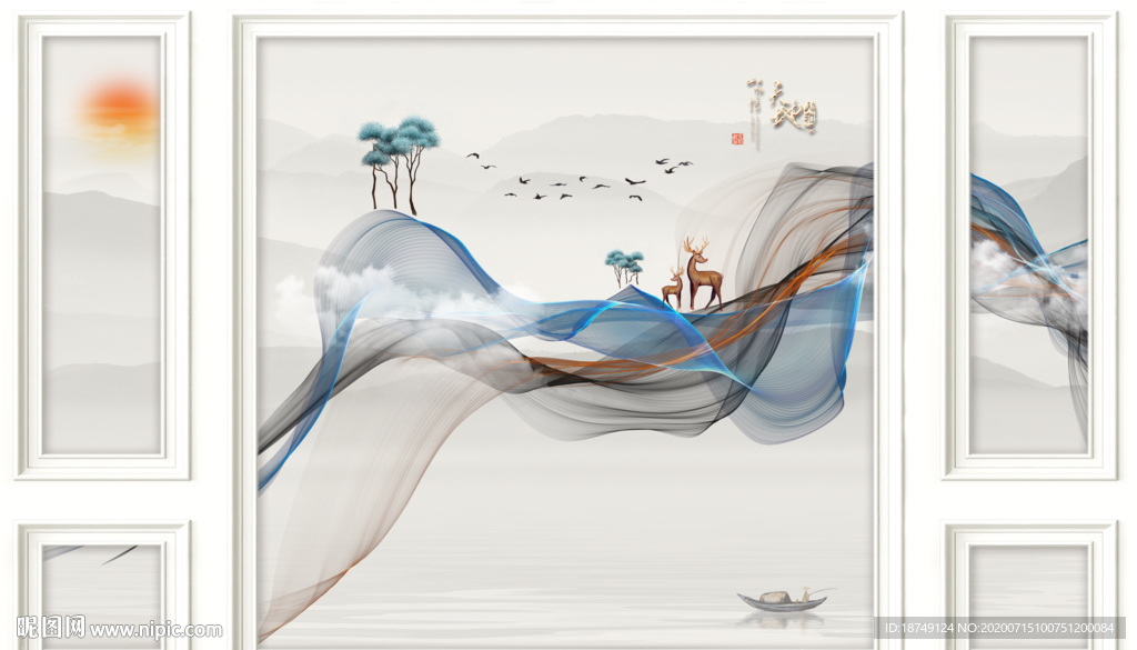 新中式五联麋鹿抽象电视背景墙