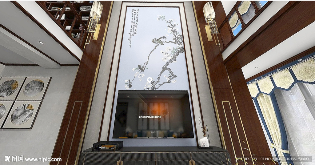 新中式别墅硅藻泥电视背景墙矢量