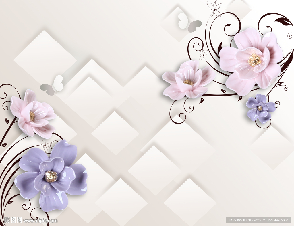 蓝色玫瑰简约框框蝴蝶电视背景墙