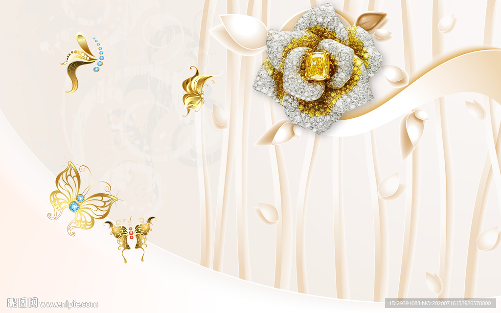 3d珠宝玫瑰花朵背景墙