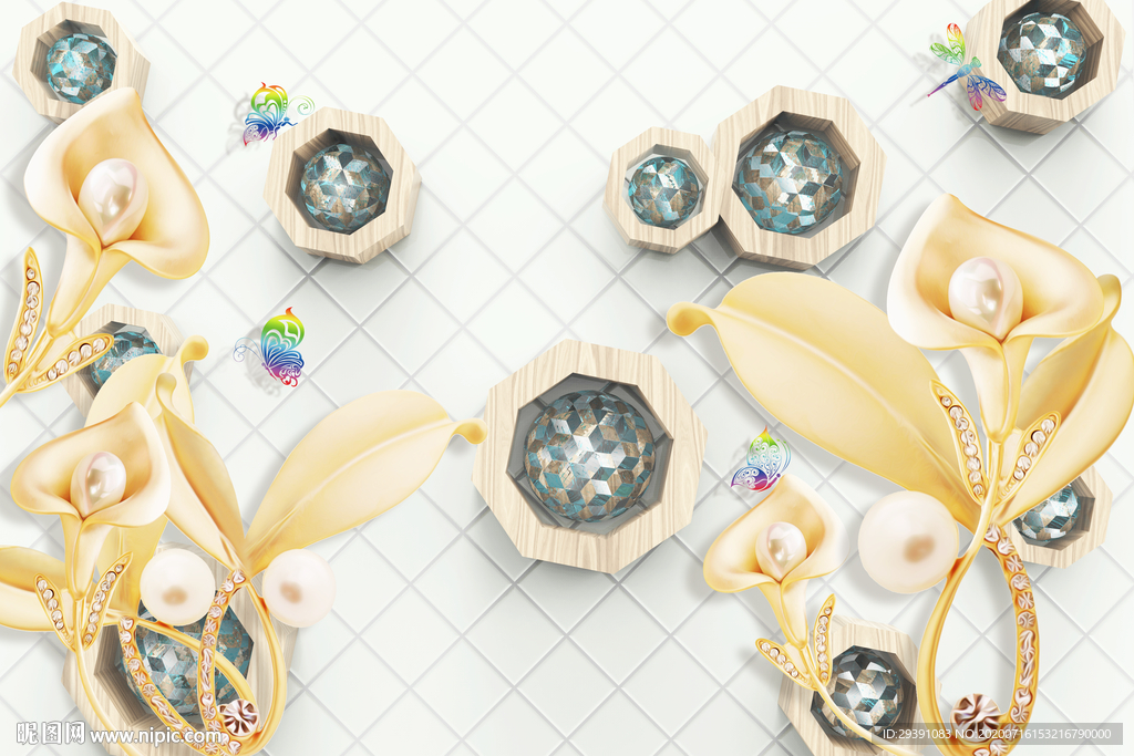 3D立体浮雕珠宝马蹄莲背景墙图