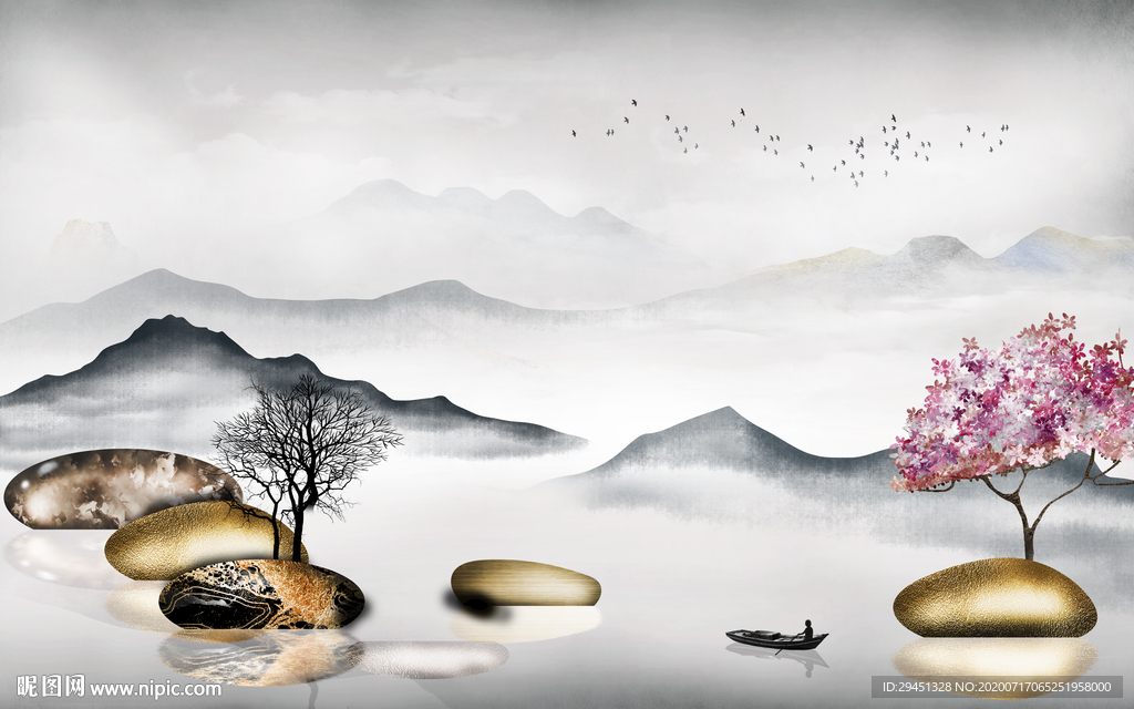 新中式意境新山水画 tif分层