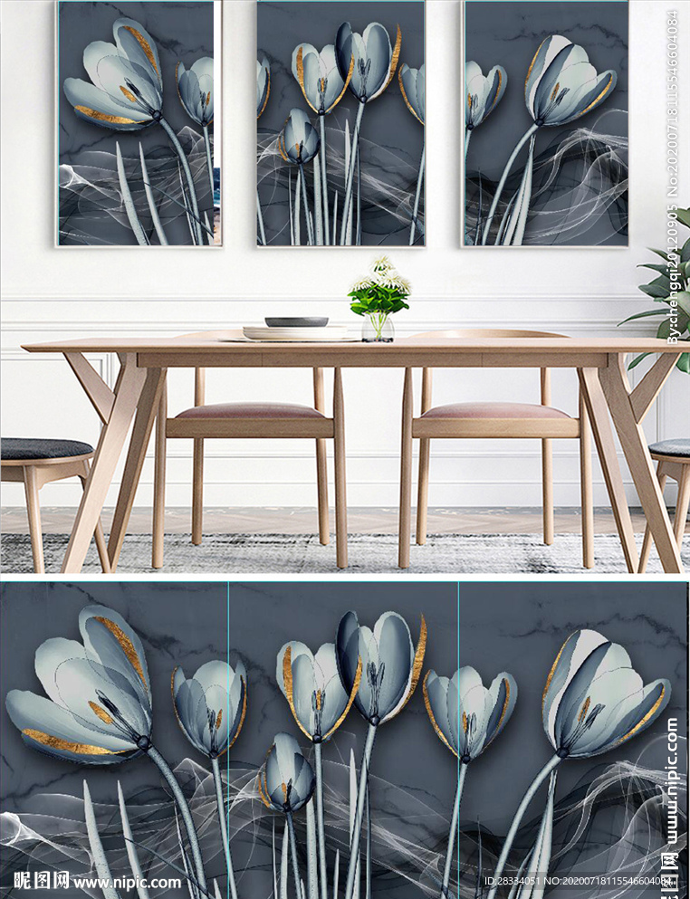 烁金金色百合花装饰无框画