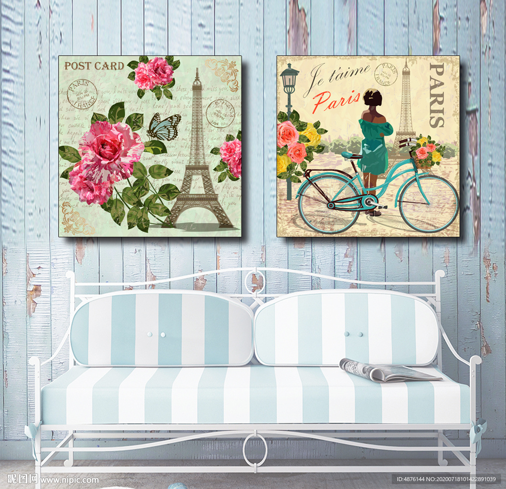 欧式复古建筑花卉自行车装饰画