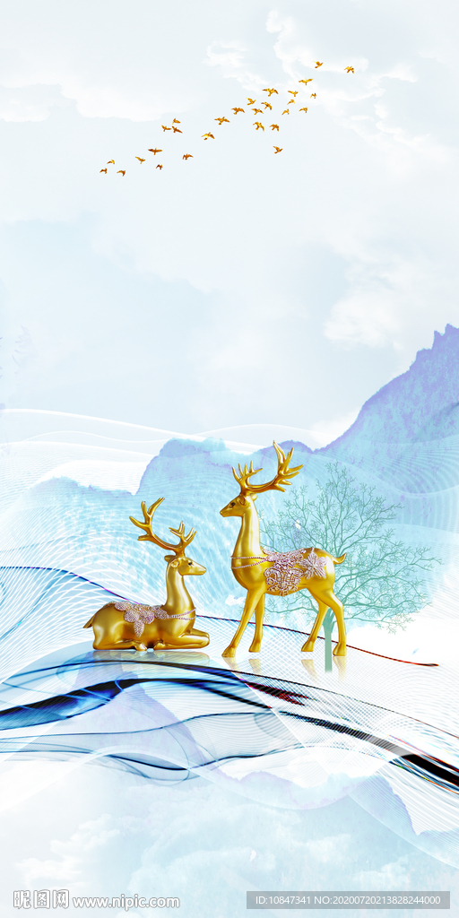 金鹿高端玄关画 TIF分层