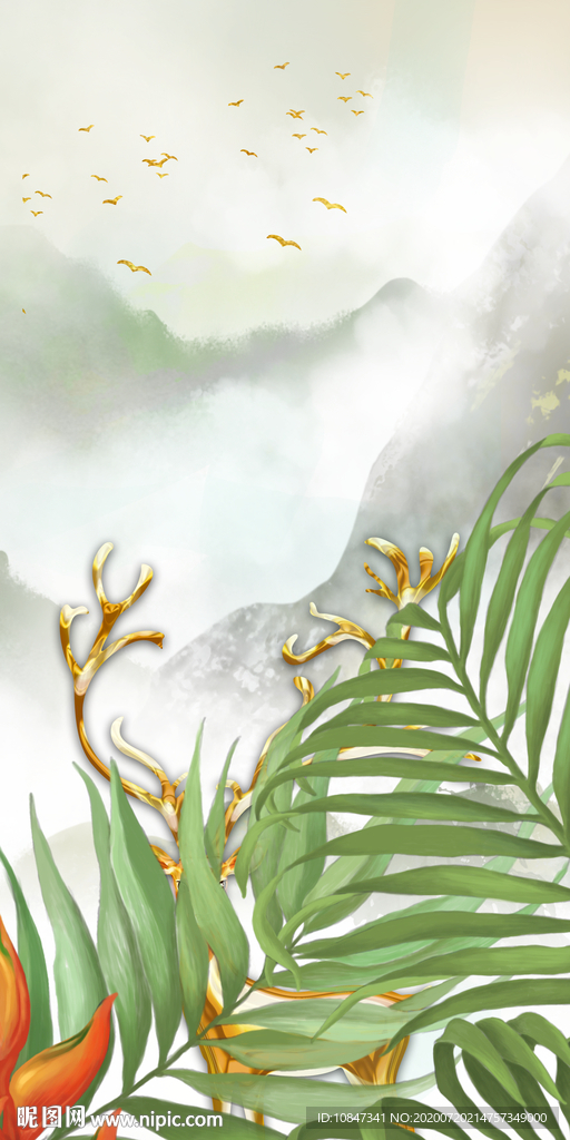 叶子 现代玄关画 TIF分层